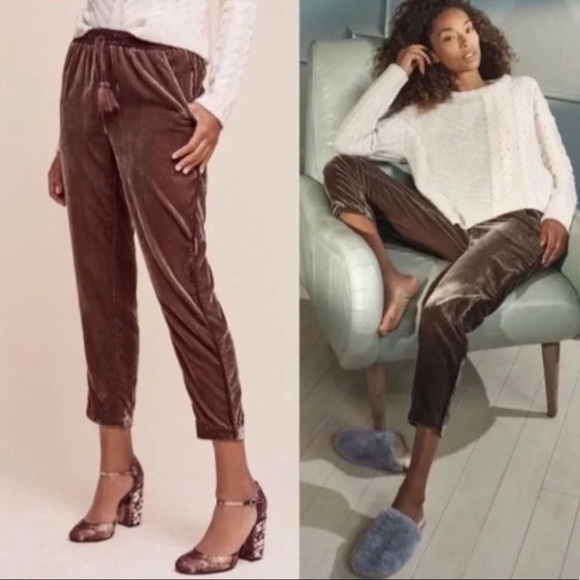 elevenses Pants - elevenses Brown Velvet Drawstring Ankle Pants